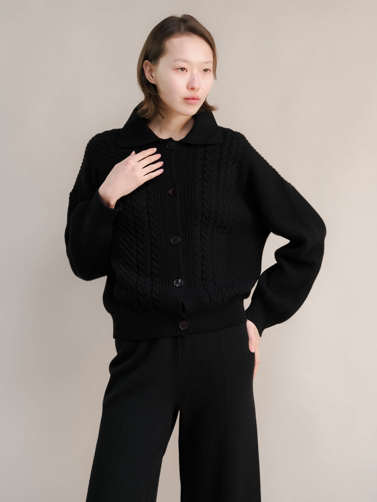 Cashmere Mix Cable Polo Cardigan