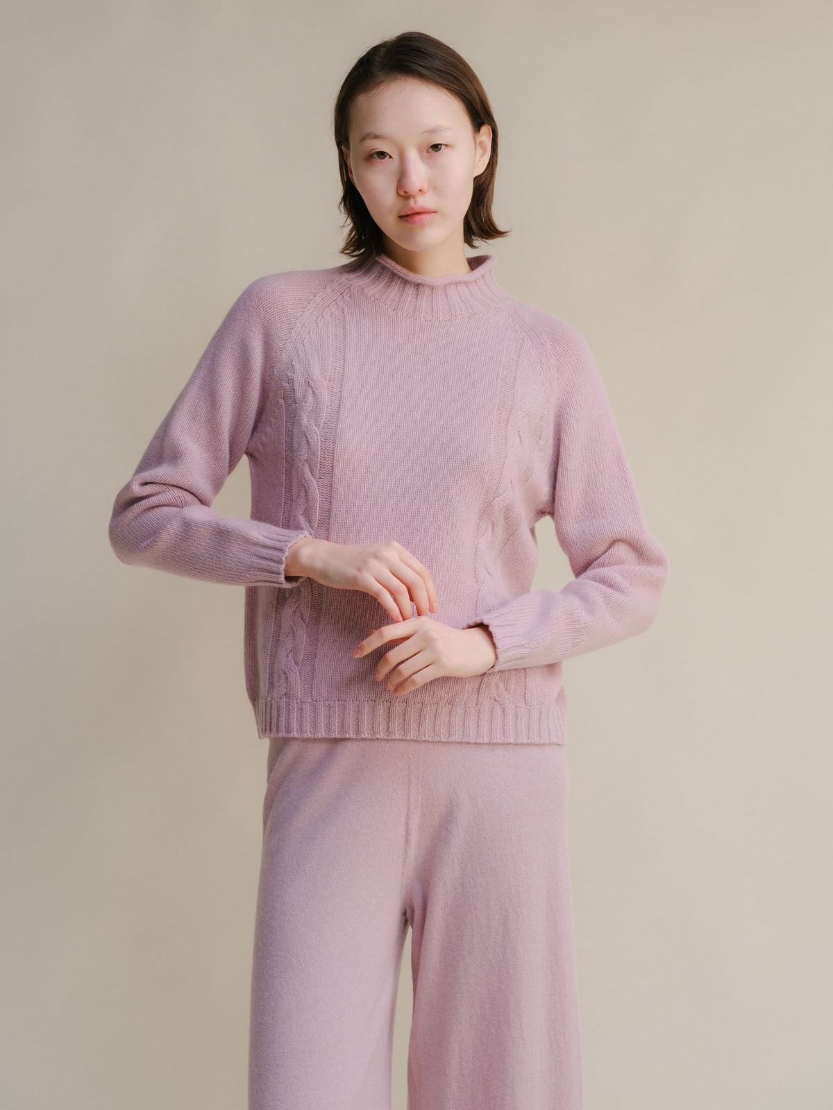 Cashmere Mix Cable High Neck Sweater