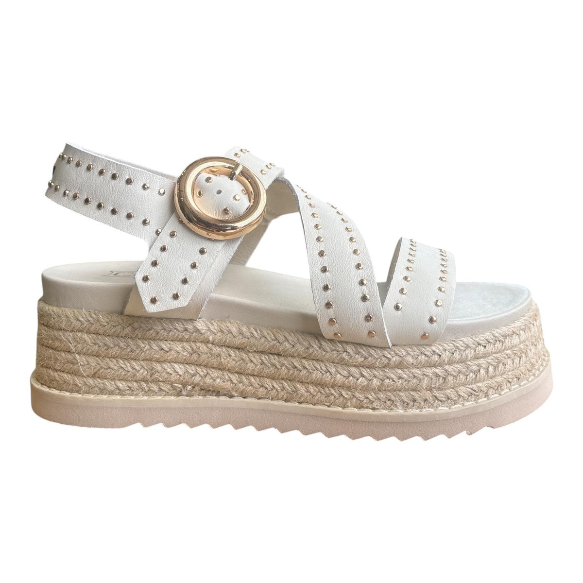 Cult Sandalo Donna Bianco Zeppa Borchie Fibbia Dorata CLW473701