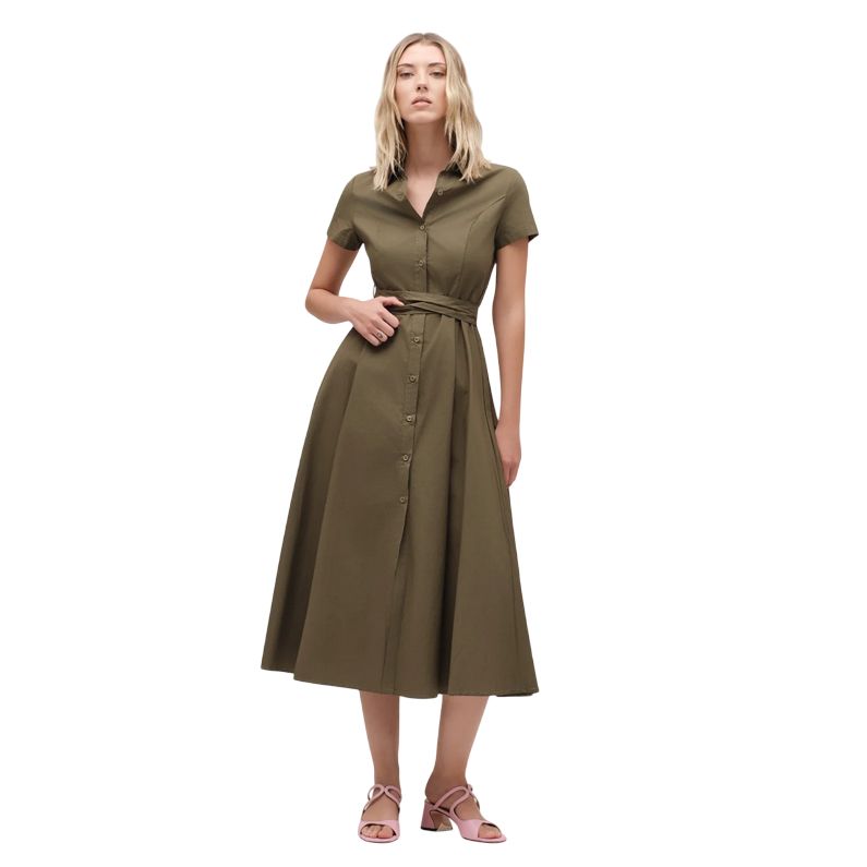 Griffai Abito lungo da donna manica corta e cinta cotone DGP6696 verde militare