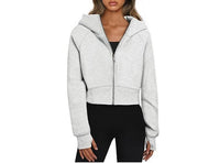 Women's Hooded Zipper Short Velvet Long Sleeve Sweatshirt