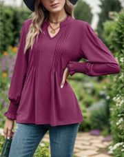 Women's Striped Puff Sleeve V-neck Top