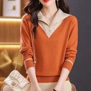 Lapel Outer Long-sleeves Knitted Pullover Sweater Women