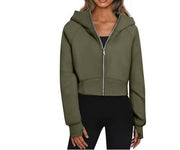Women's Hooded Zipper Short Velvet Long Sleeve Sweatshirt