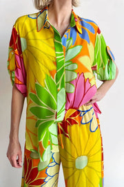 Women's Printed Loose Short Sleeve Shirt Pocket Trousers Suit