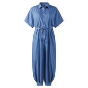 Solid Color Plus Size Casual Short Sleeve Denim Jumpsuit