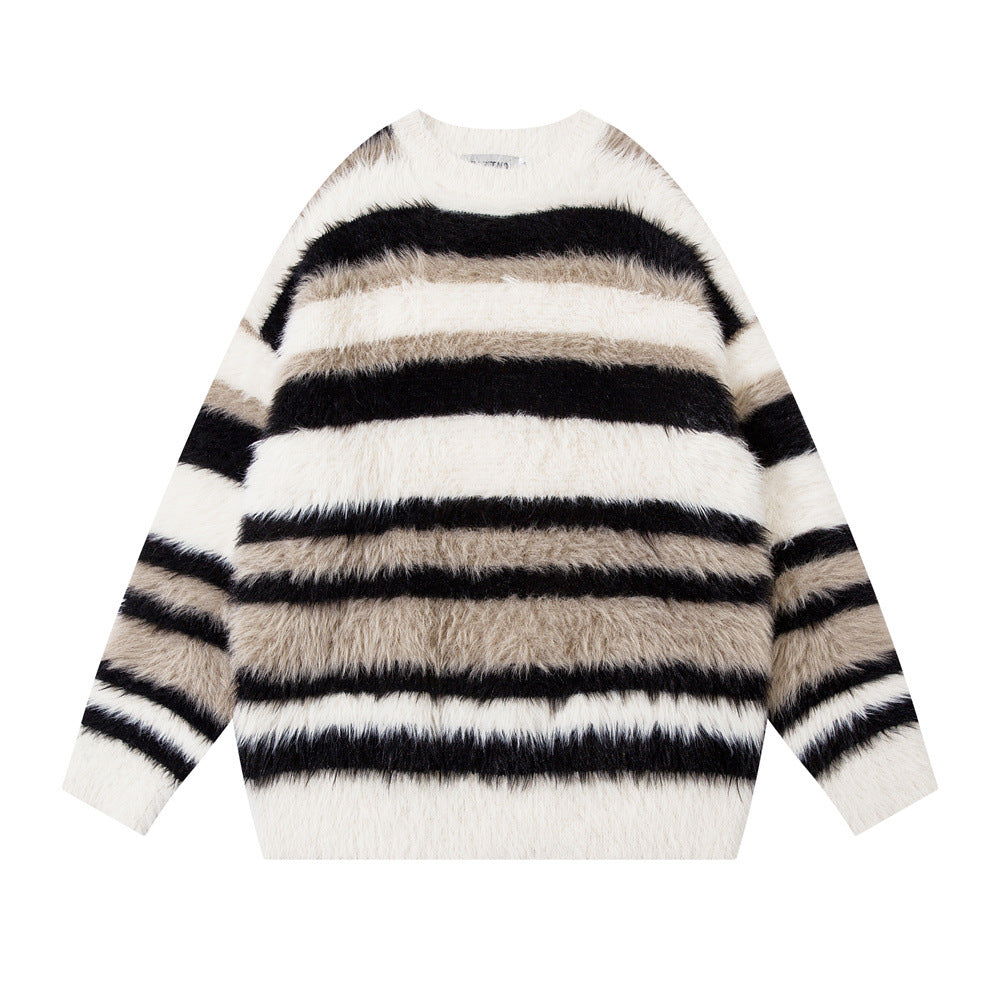 Striped Mink-like Round Neck Sweater For Men