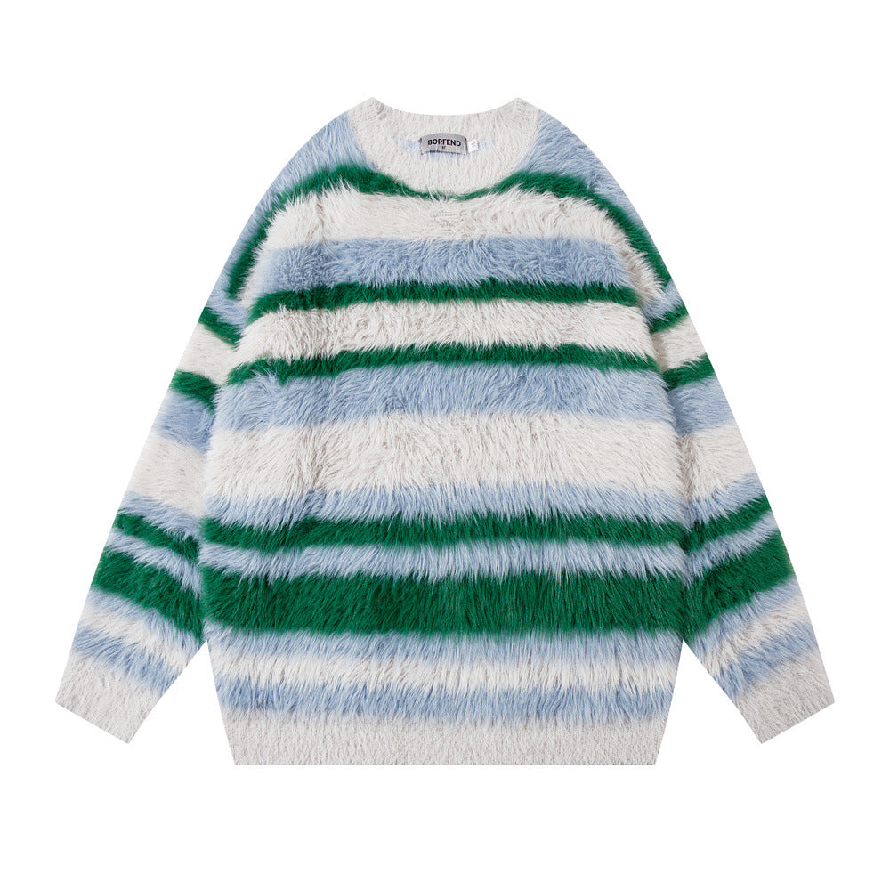 Striped Mink-like Round Neck Sweater For Men
