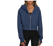 Women's Hooded Zipper Short Velvet Long Sleeve Sweatshirt