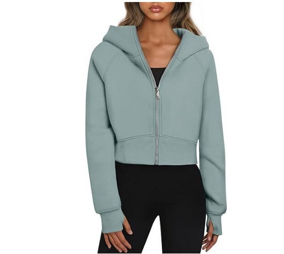 Women's Hooded Zipper Short Velvet Long Sleeve Sweatshirt