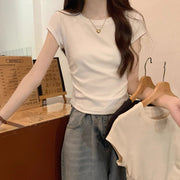 Solid Color Pleated Slim-fit Irregular Design Short Round Neck Top