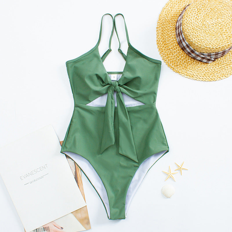 Green Polka Dot Split Leopard Solid Color Swimsuit