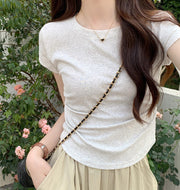 Solid Color Pleated Slim-fit Irregular Design Short Round Neck Top