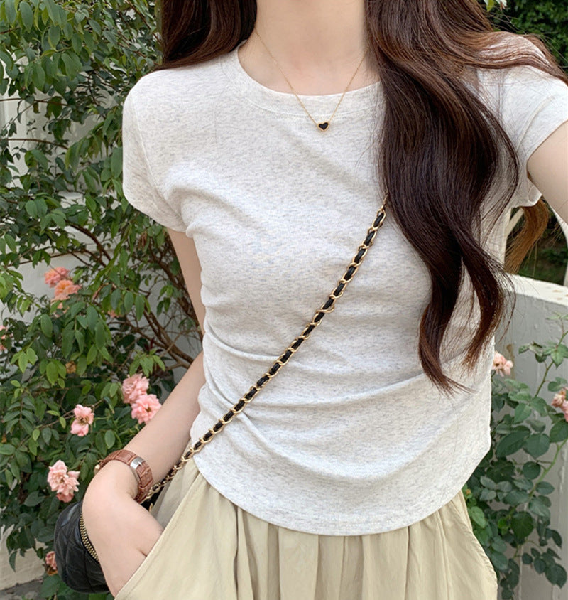 Solid Color Pleated Slim-fit Irregular Design Short Round Neck Top