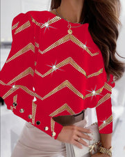 Women's Printed Long-sleeved Round Neck Button Shirt