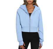 Women's Hooded Zipper Short Velvet Long Sleeve Sweatshirt
