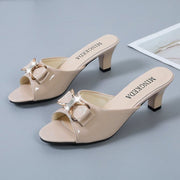 Summer New Stiletto Mid-heel Fish Mouth Bow Word Women's Slippers