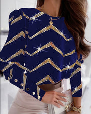 Women's Printed Long-sleeved Round Neck Button Shirt