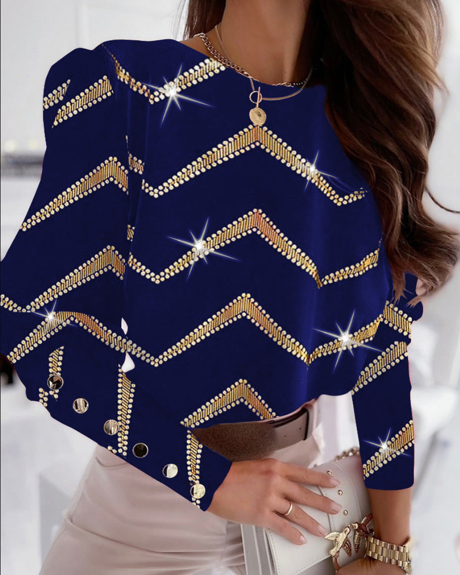 Women's Printed Long-sleeved Round Neck Button Shirt
