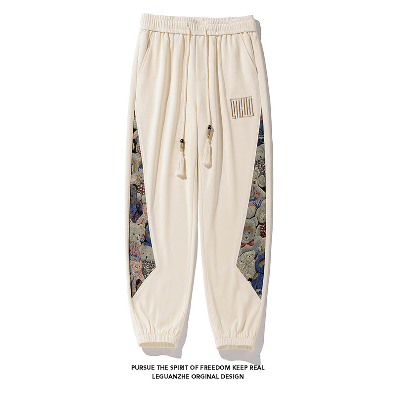 White Background Plus Size Pineapple Plaid National Style Bear Sweatpants