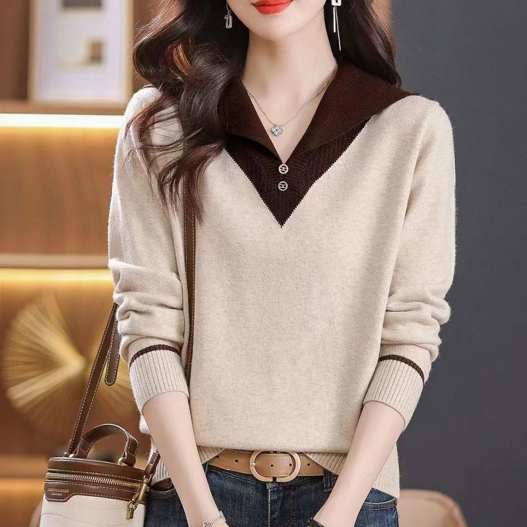 Lapel Outer Long-sleeves Knitted Pullover Sweater Women