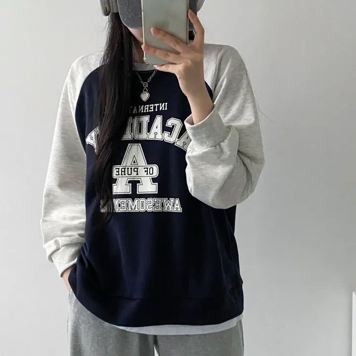Women's Patchwork Pattern Sweater Springautumnwinter Korean Style Fleece-lined