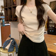 Solid Color Pleated Slim-fit Irregular Design Short Round Neck Top