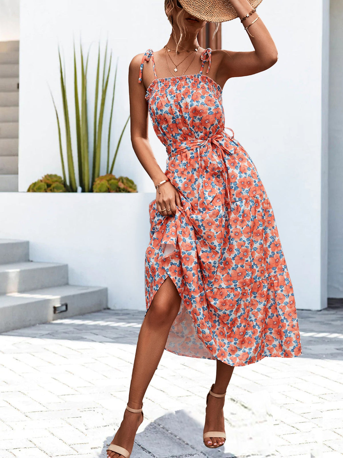 Sling Pocket Pleating Mid-length Dress