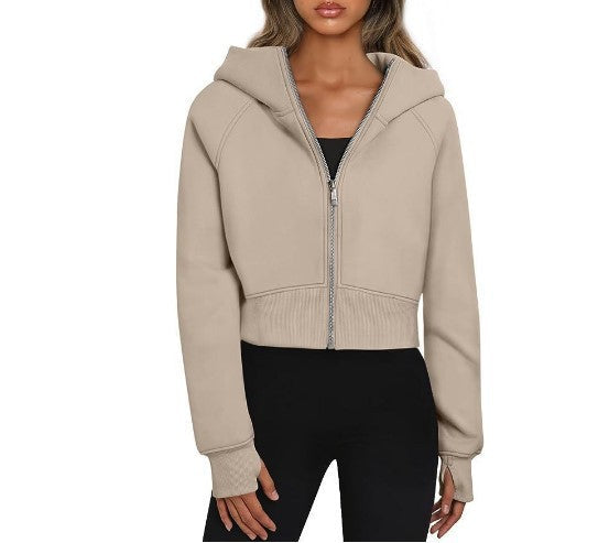 Women's Hooded Zipper Short Velvet Long Sleeve Sweatshirt