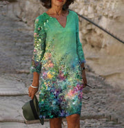 Flower Leaves Printing Rendering V-neck Dress