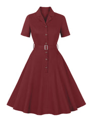 Suit Collar Single-breasted Waist Solid Color Dress