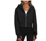 Women's Hooded Zipper Short Velvet Long Sleeve Sweatshirt