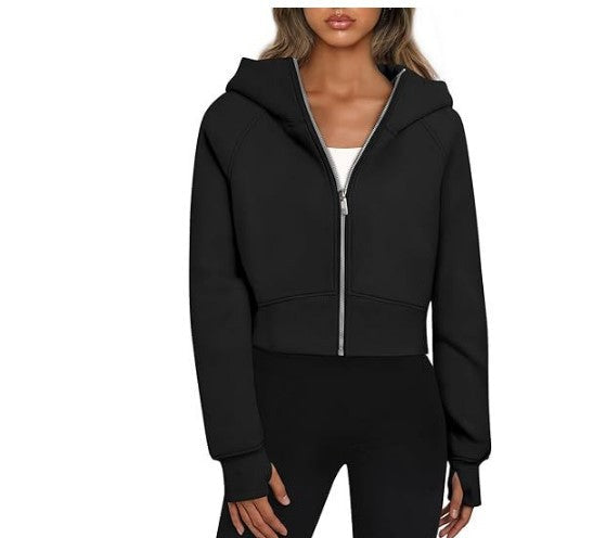 Women's Hooded Zipper Short Velvet Long Sleeve Sweatshirt