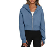 Women's Hooded Zipper Short Velvet Long Sleeve Sweatshirt