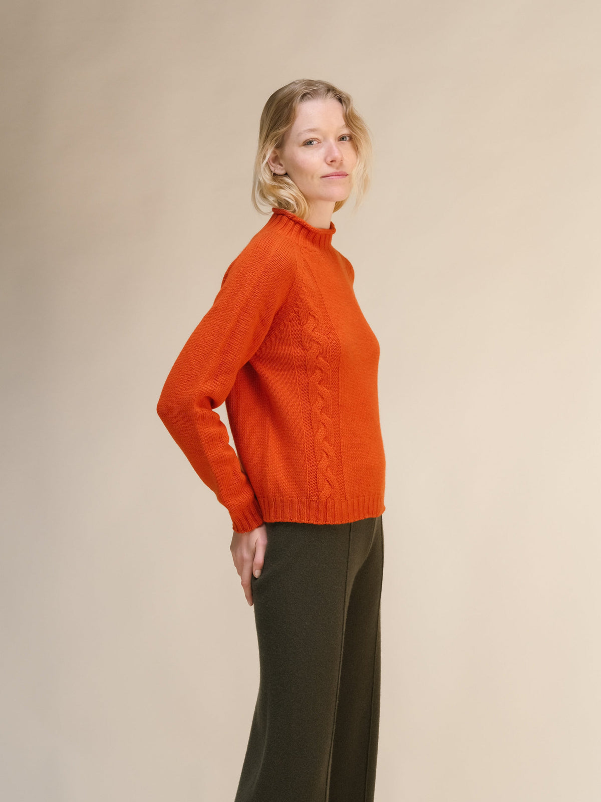 Cashmere Mix Cable High Neck Sweater