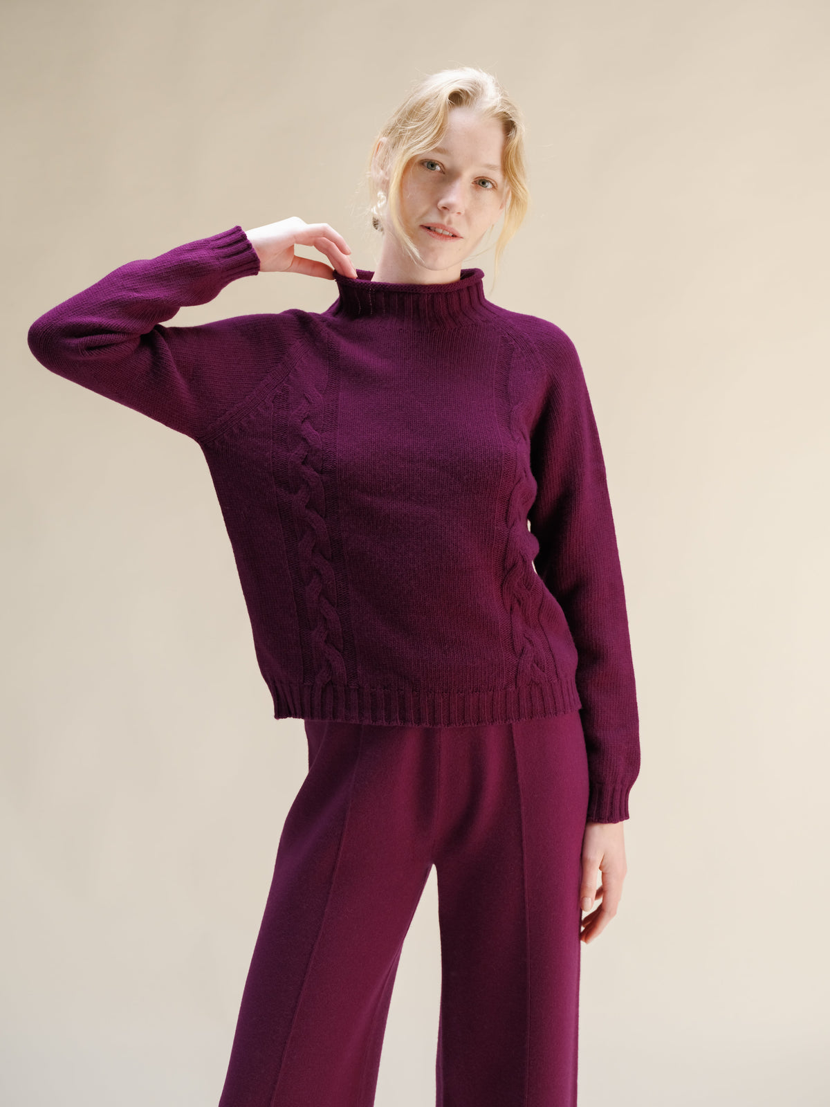 Cashmere Mix Cable High Neck Sweater
