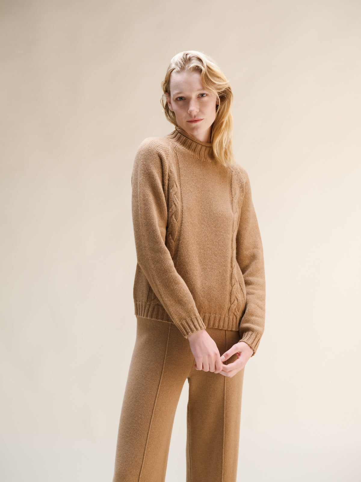 Cashmere Mix Cable High Neck Sweater