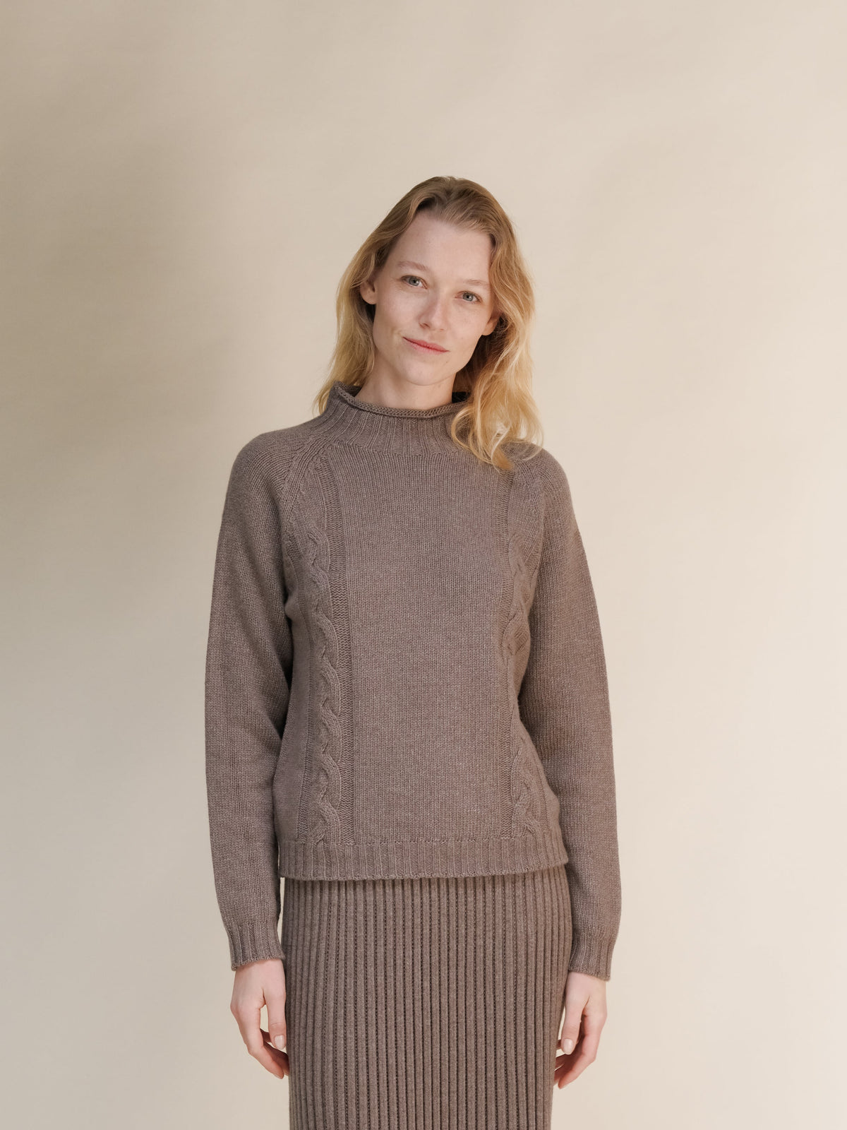 Cashmere Mix Cable High Neck Sweater