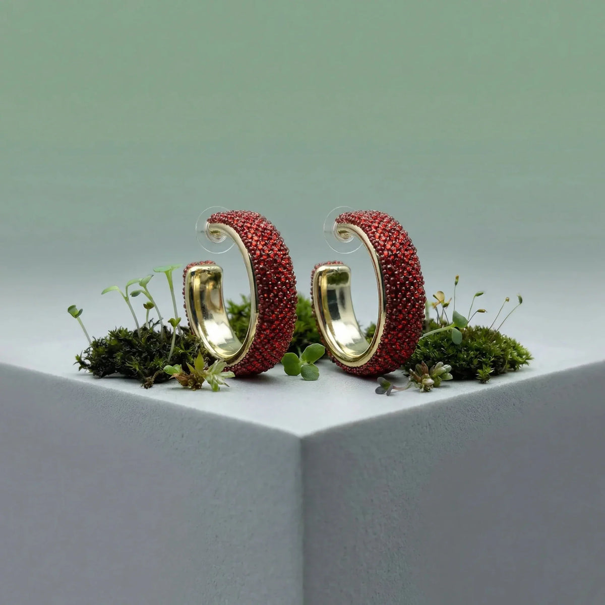 Corallo Orecchini a Cerchio con Strass Rossi