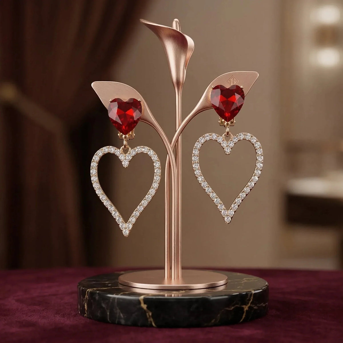 Rubina Orecchini a Cuore con Cristallo Rosso