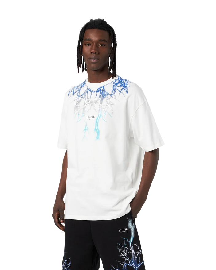 Phobia T-shirt unisex bianca con fulmini blu grigi azzurri PH00107BLGRLB