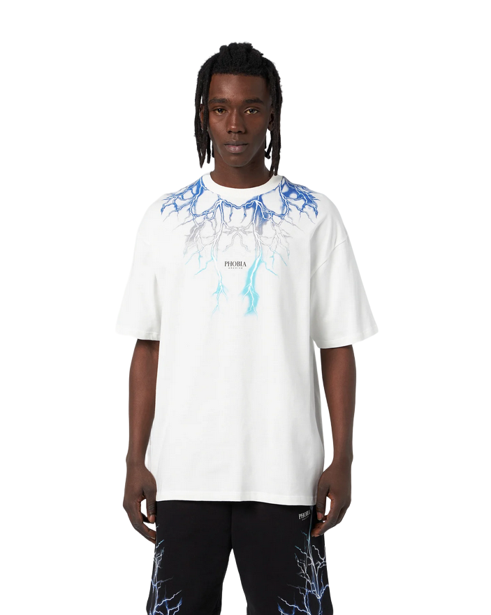 Phobia T-shirt unisex bianca con fulmini blu grigi azzurri PH00107BLGRLB