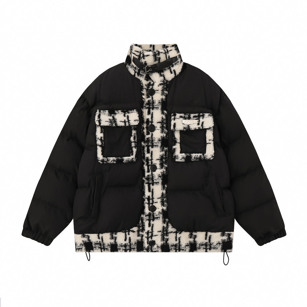 Lambswool Stitching Color-contrast Check Cotton Coat Jacket