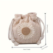 Chic Mini Woven Shoulder Bag with Floral Accent - Versatile & Stylish, Perfect for Everyday Use - Khaki/White