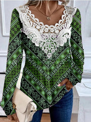 Round neck lace long sleeved elegant casual T-shirt