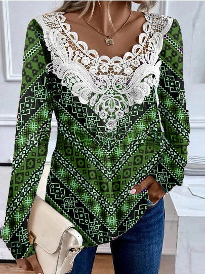 Round neck lace long sleeved elegant casual T-shirt