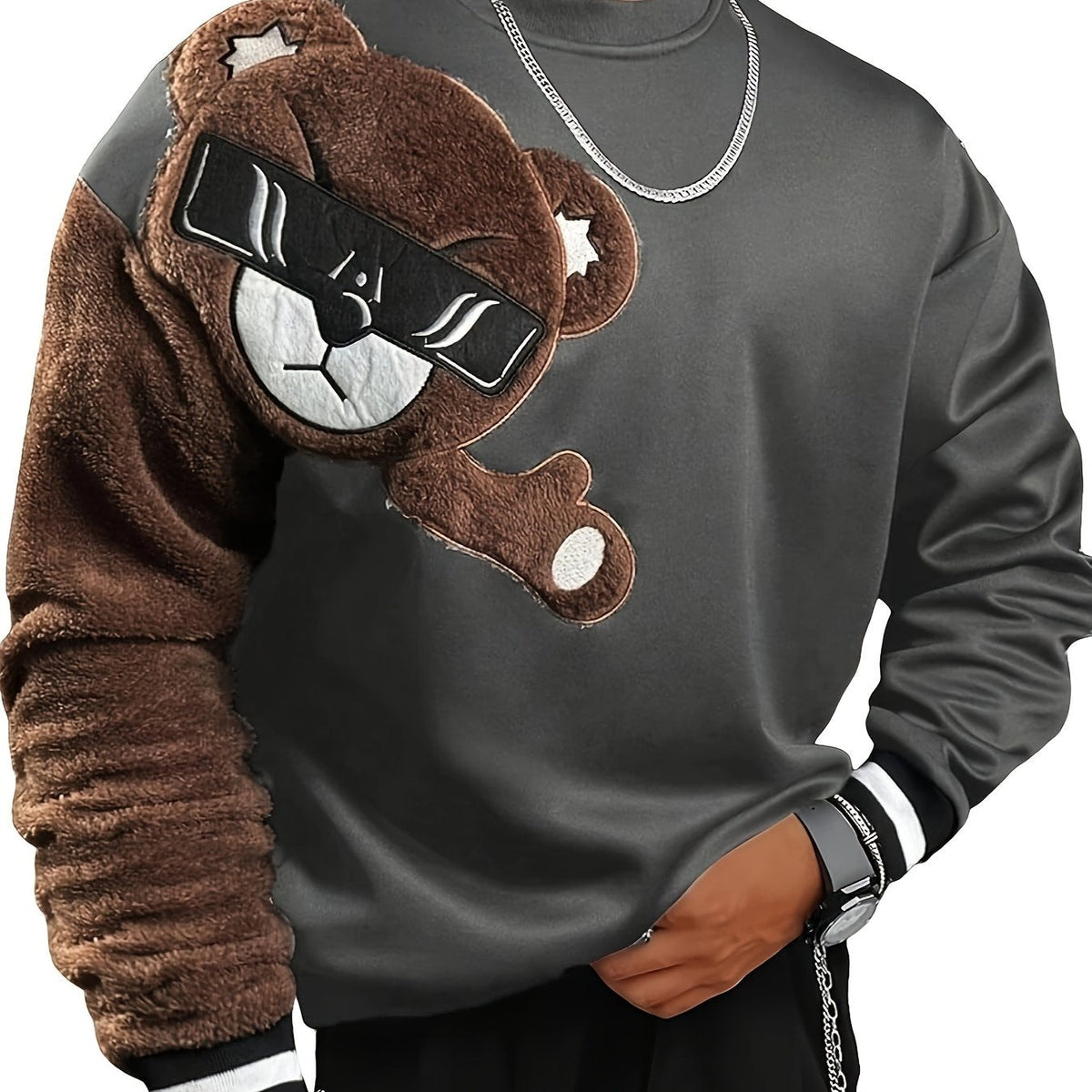 1pc Men'S Casual Cartoon Bear Embroidery Sweatshirt, Polyester Knit Pullover with Round Neck and Regular Fit