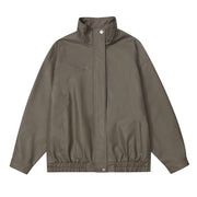 Solid Color Five-pointed Star Pu Shuai Stand Collar Zipper Leather Coat