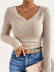 Solid Color Ribbed Long Sleeve T-shirt, Elegant V Neck Top For Spring & Fall, Women's Clothing