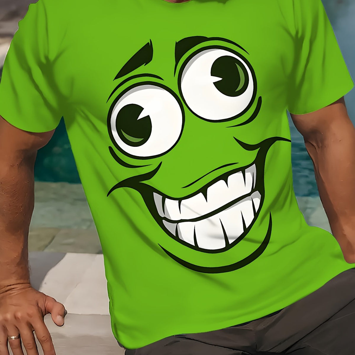 Men's Trendy 3D Smiling Face Print Casual Tee - Crew Neck, Short Sleeve, Polyester Blend, Machine Washable - Perfect for Spring/Fall